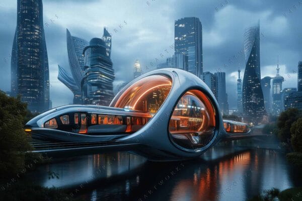 Futuristic digital art of a sleek train in a modern cityscape, blue and orange hues.