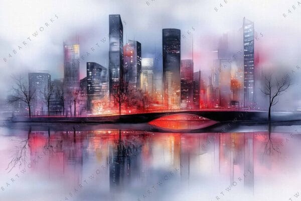 Digital painting of a city skyline with reflections in red, blue, and gray hues.