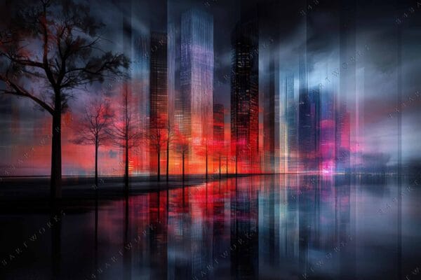 Digital art of a futuristic cityscape with trees, reflecting in water, red and blue tones.
