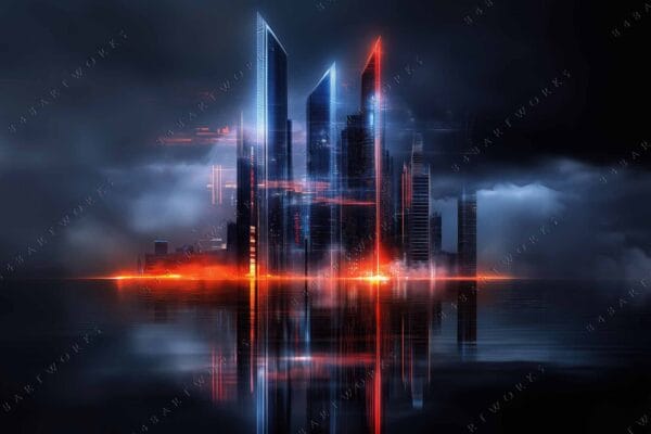 Futuristic digital art of a neon-lit cityscape reflecting on water in dark tones.