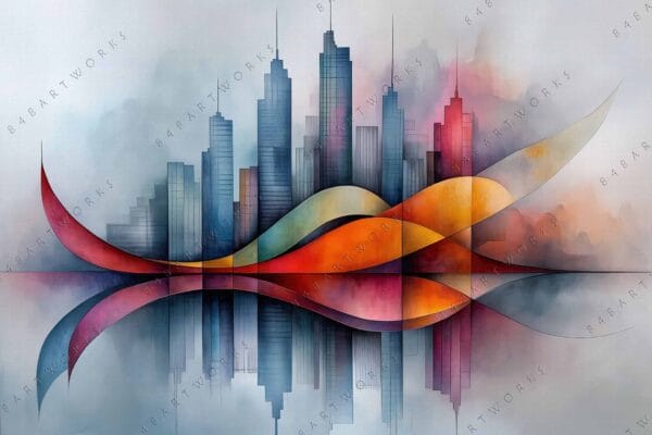 Abstract digital painting of a colorful, wavy landscape with a city skyline backdrop.