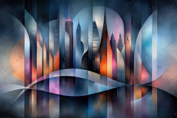 "Abstract digital painting of a city skyline with geometric shapes in vibrant hues."
