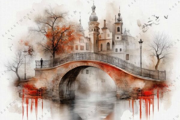 Watercolor painting of a bridge and buildings with autumn trees and birds.