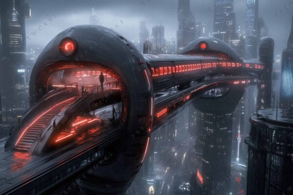 Futuristic digital artwork of a city with a sleek elevated train and glowing red lights.