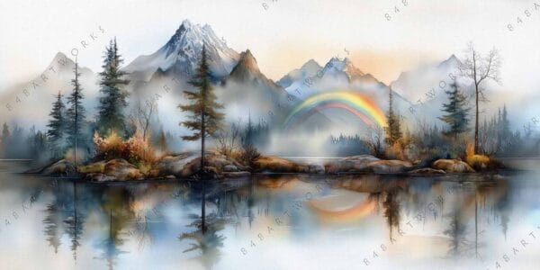 Digital painting of misty mountains and pine trees with a rainbow over a lake.