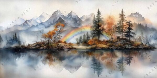 Watercolor landscape with misty mountains, autumn trees, rainbow, and reflective lake surface.