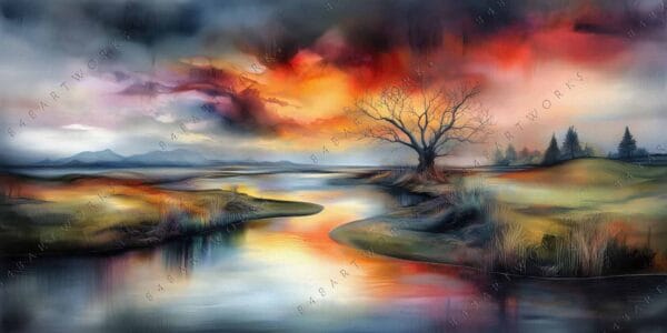 "Digital painting of a vibrant sunset over a serene river and barren tree."