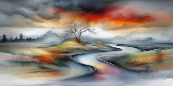 Surreal digital painting of a barren tree beside a winding river at sunset.