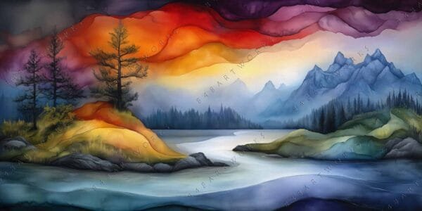 Surreal digital painting of a colorful landscape with mountains, trees, and a vibrant sky.