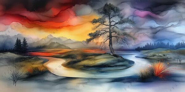 Surreal digital painting of vivid sunset over river island with trees and grasses.
