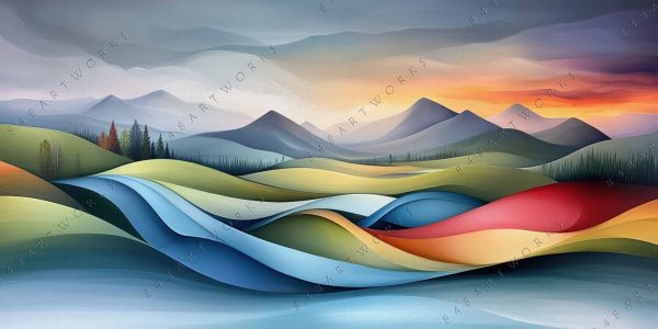 Abstract digital painting of colorful rolling hills and mountains at sunset.