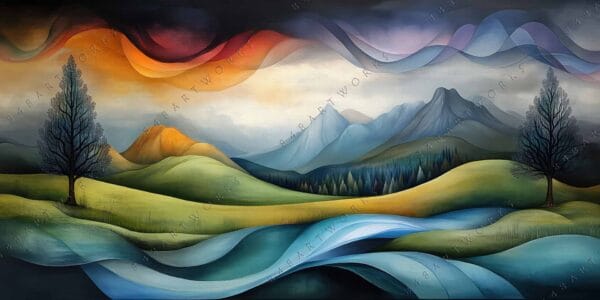 Surreal landscape painting with vibrant hills, mountains, and abstract flowing sky patterns.