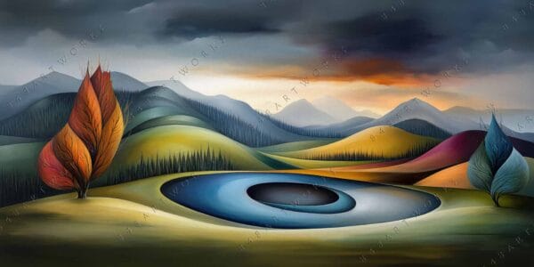 "Surreal digital painting of a vibrant landscape with colorful hills and stylized trees."