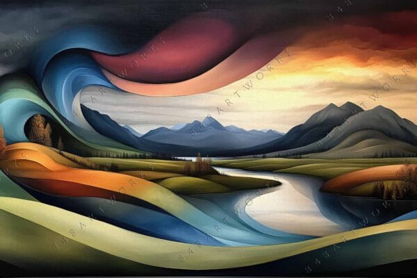 "Surreal digital painting of rolling hills and mountains with vivid, swirling colors."