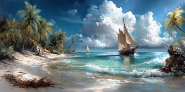 "Digital painting of a tropical beach with sailboats and palm trees under cloudy skies."