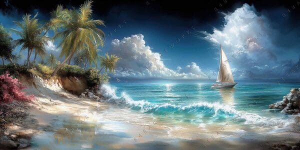 Tropical digital painting of a sunlit beach and sailboat under a cloudy sky.