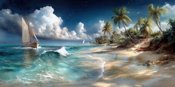 "Digital painting of a sailboat and tropical beach under a vibrant blue sky."