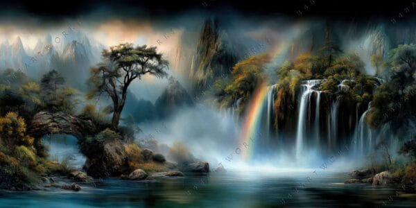 Fantasy landscape painting with waterfalls, misty mountains, and a rainbow in soft hues.