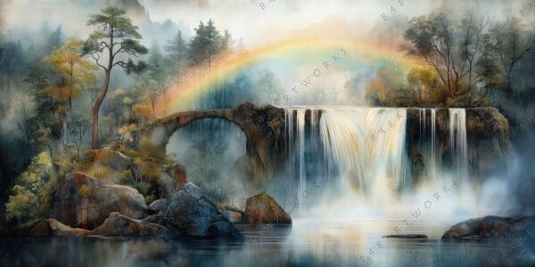 "Fantasy digital painting of a serene waterfall with rainbow and lush autumnal forest."