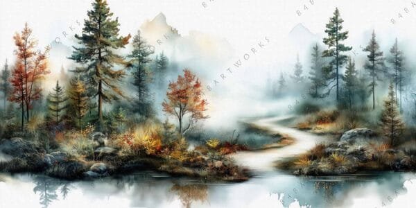 "Watercolor landscape of a misty forest with autumn foliage and a reflective pond."