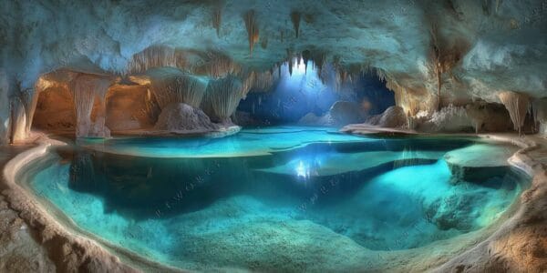 Digital artwork of an illuminated cave with turquoise water and stalactite formations.