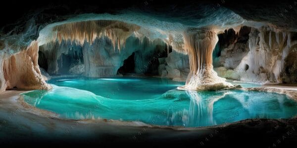 "Digital painting of a turquoise subterranean cave pool with stalactites and stalagmites."