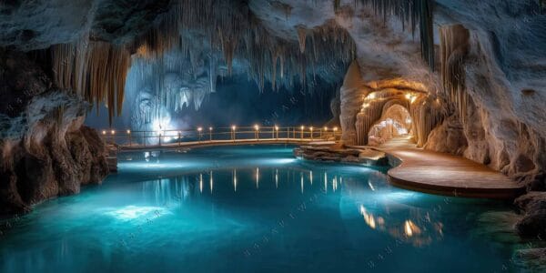 Digital art of a cave with turquoise water and illuminated stalactites.