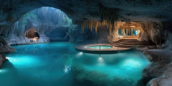 Digital artwork of a cave pool with turquoise water and stalactites.