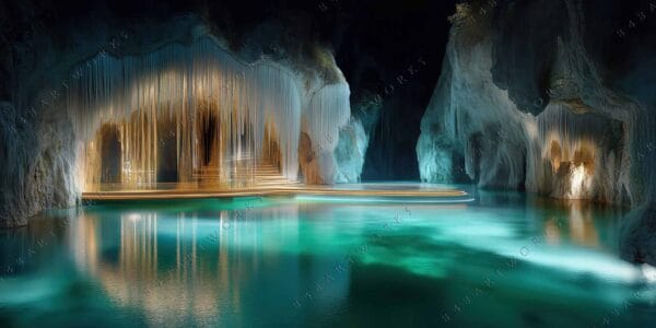 Futuristic digital art of an illuminated cave interior with turquoise water reflections.