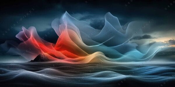 "Digital art of colorful waves over a dark sea and sky, in red and blue."