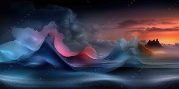 Surreal digital art of flowing colorful waves against a dramatic mountain at sunset.