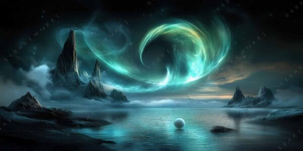 "Surreal digital art of mystical landscape with glowing teal swirls and rugged peaks."