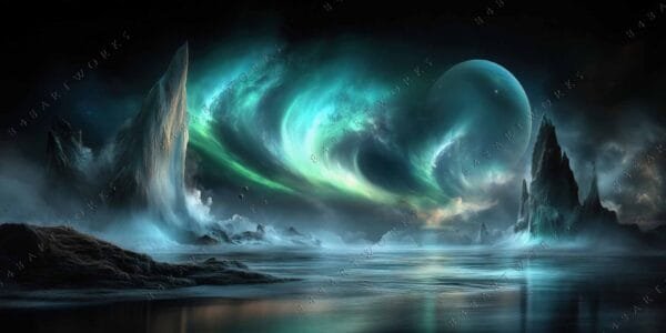 "Digital painting of alien landscape with swirling aurora and rugged mountains in teal hues."