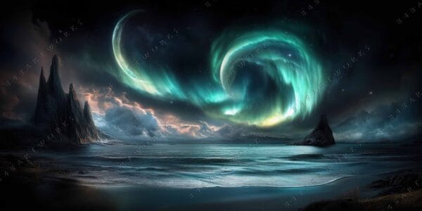 Digital painting of a mystical landscape with vibrant aurora over a dark ocean and mountains.