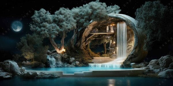 "Digital art of a tree house with waterfall, moonlit night scene in blues and greens."