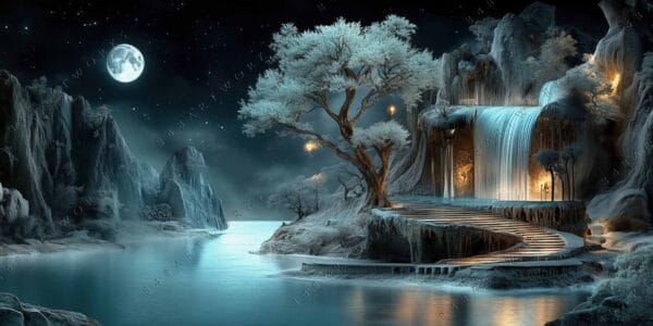 "Fantasy digital artwork of moonlit waterfall, icy landscape, and illuminated tree in blue tones."