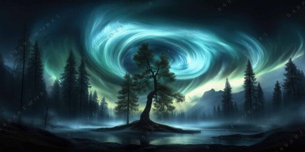 "Digital painting of swirling green aurora above a silhouetted tree and foggy forest."