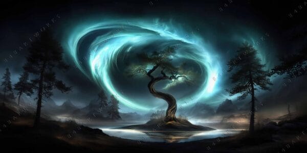 Surreal digital painting of a swirling vortex above a dramatic, twisted tree.