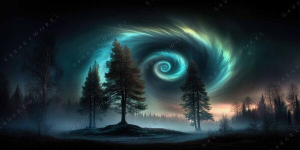 "Digital artwork of swirling northern lights over a misty forest landscape."