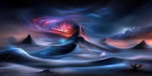 Futuristic digital landscape with swirling nebula, jagged mountains, and vibrant blue-orange hues.