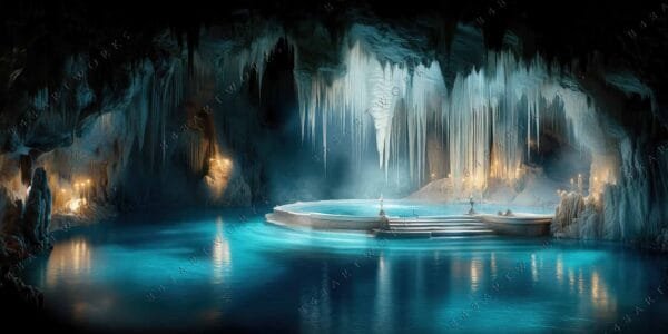 "Digital art of a candlelit cave with a pool and stalactites in blue hues."