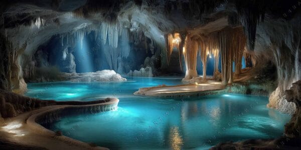 "Digital art of an illuminated cave with turquoise water and stalactites."