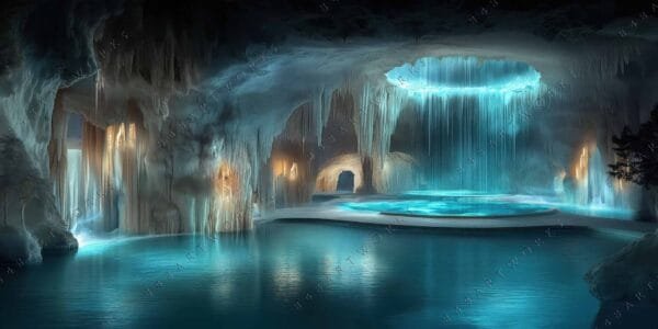 "Digital artwork of illuminated turquoise cave with cascading waterfalls and serene water reflections."