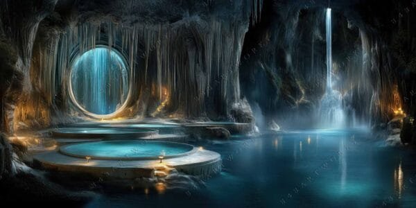Digital artwork of a mystical cave with waterfalls and illuminated turquoise pools.