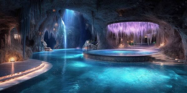 Surreal digital artwork of an illuminated cave pool with cascading waterfall and purple lights.