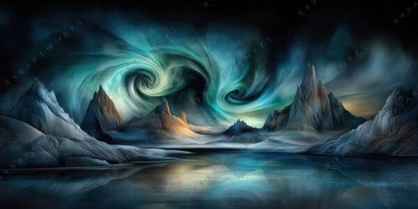 "Surreal digital painting of swirling auroras over jagged, icy mountains and reflective lake."