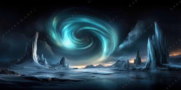 "Digital painting of icy landscape with swirling aurora in blue and green hues."