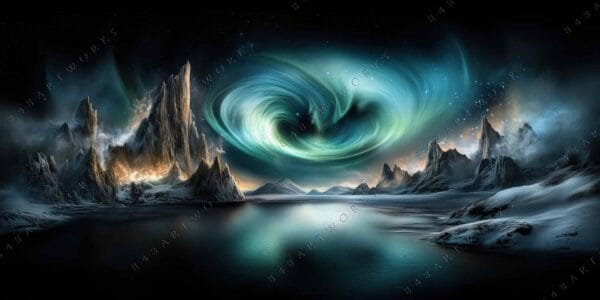 Futuristic digital landscape art with swirling green aurora and jagged mountains over water.