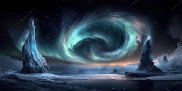 Surreal digital art of icy landscape with swirling aurora borealis in green and blue.