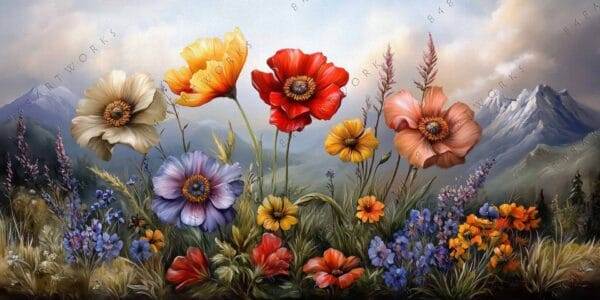 "Realistic digital painting of colorful wildflowers against a mountainous backdrop under a cloudy sky."